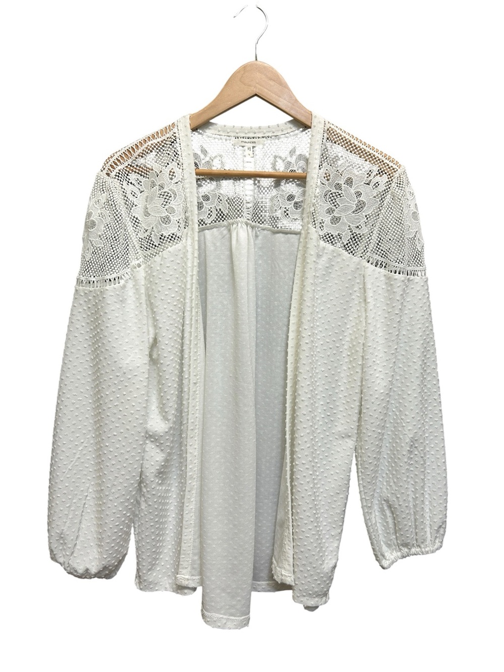 Maurices White Open Front Chenille Dot Lace Inset Cardigan Size L